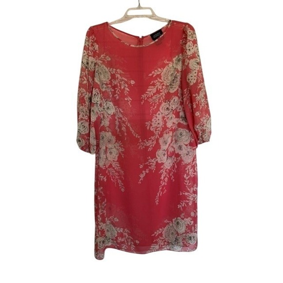 Adrianna Papell Dresses & Skirts - Adrianna Papell Coral Pink Floral Chiffon Sheer Shift Dress Womens Size 12 EUC